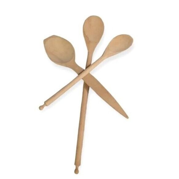 3 Wooden Spoons Utensils Farmhouse Kitchen Cottagecore Decor Carved Big Vtg Lot - Picture 1 of 16
